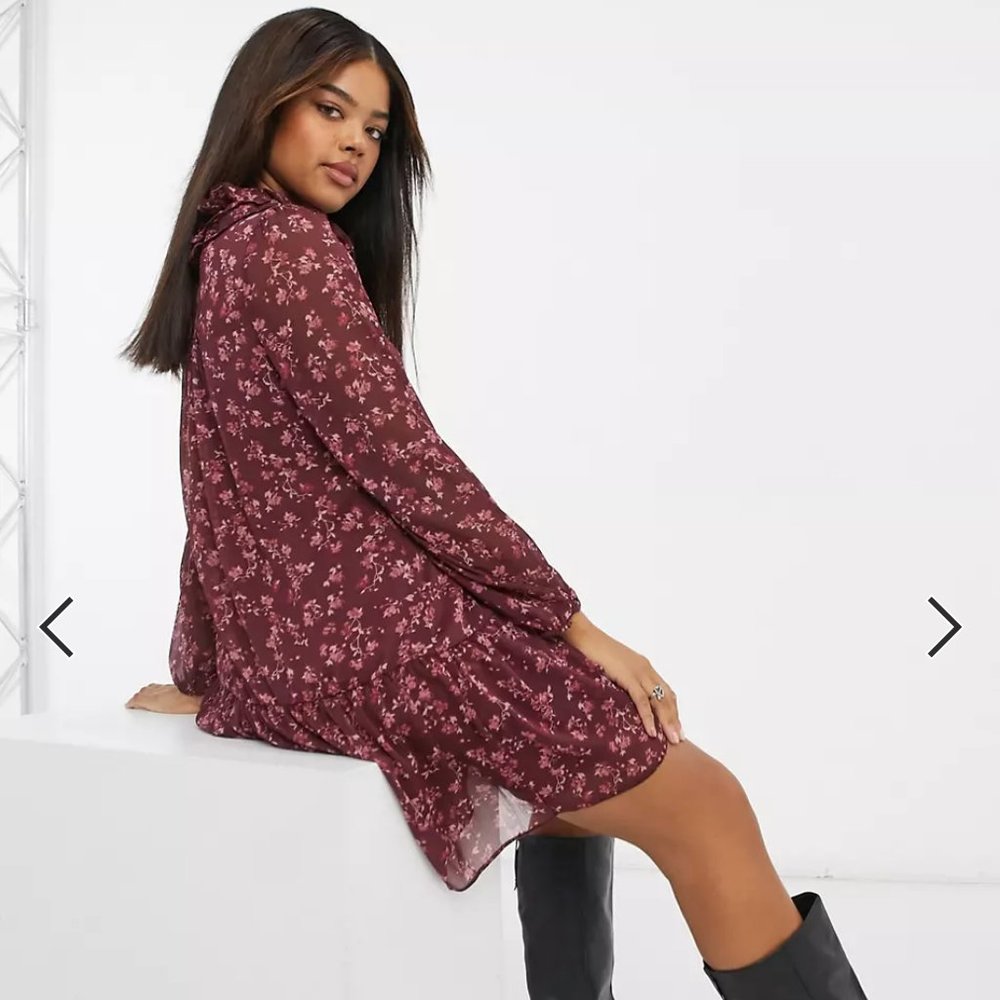 Frill Neck Chiffon Smock Floral Mini Dress - Picture 7 of 8